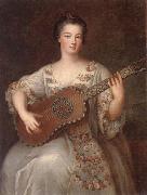unknow artist Portrait of a young lady,three-quarter length,wearing a floral and ivory lace-trimmed dress,playing the guitar oil painting artist